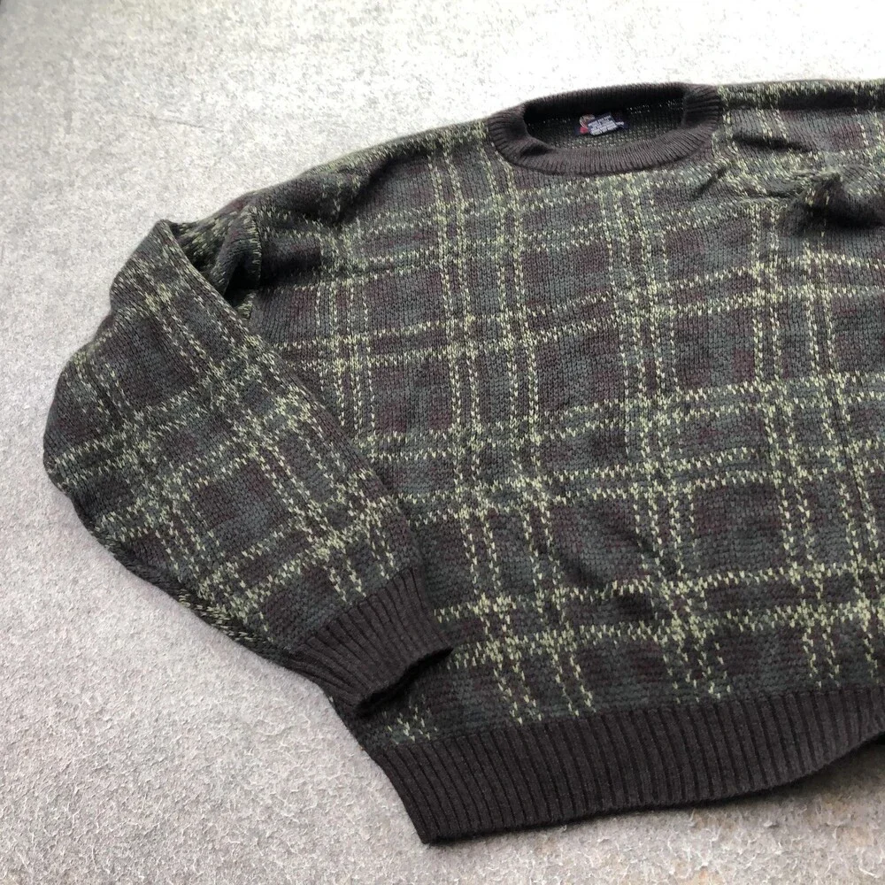 Vintage Trading Company Sweater Mens 2XL Brown Plaid Knit Crewneck Pullover